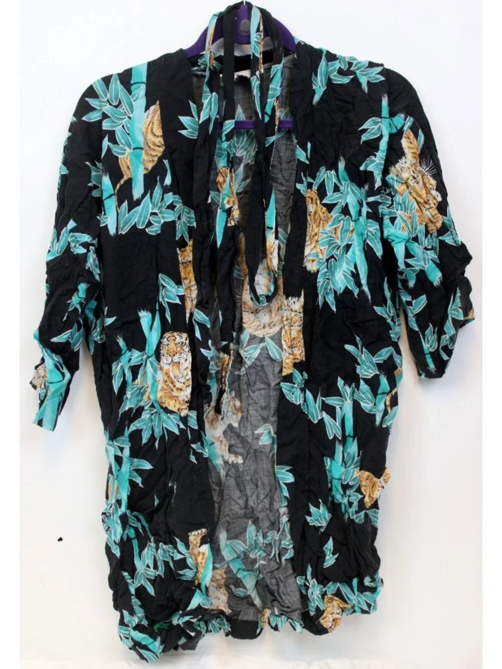 1980sSweethearts Mens Bathrobe Rose Asian Tiger Bamboo Print sz Med Short Belt